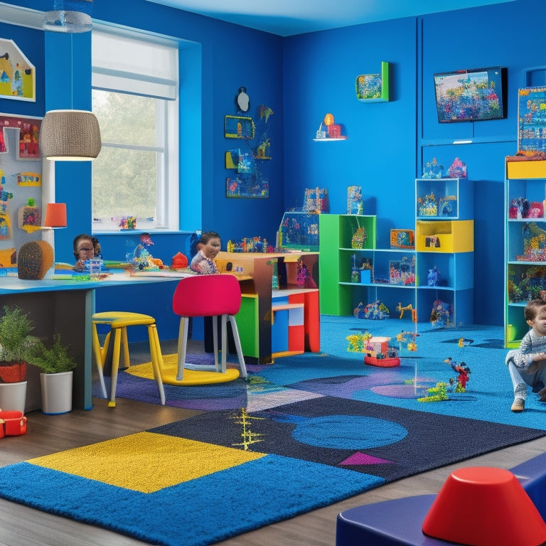 A vibrant, clutter-free playroom with a mix of 5-7 colorful, futuristic learning toys, including a robot, a coding board, and a virtual reality headset, surrounded by curious, diverse children aged 4-8, engaged in playful learning activities.