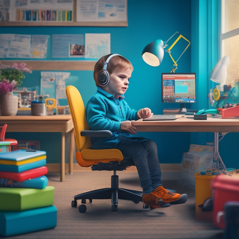 A warm and inviting illustration of a child with a learning disability sitting comfortably at a desk, surrounded by assistive technology devices, colorful learning aids, and a calm, supportive environment.