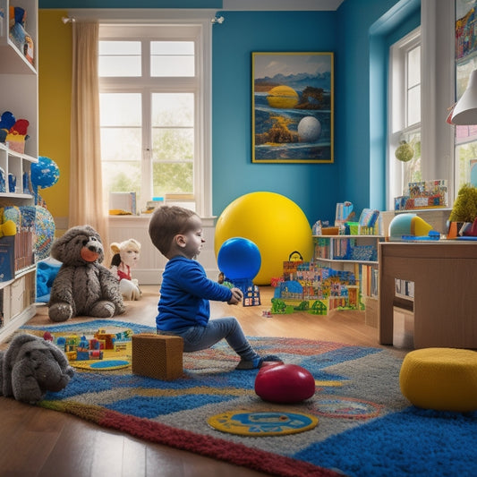 A colorful, clutter-free playroom with a curious child (age 4-6) surrounded by various educational toys, puzzles, blocks, and a globe, with a subtle, warm lighting and a sense of joyful discovery.