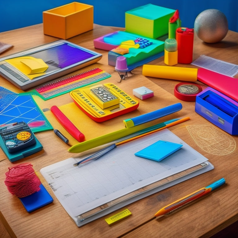A cluttered desk with five distinct math tools: a protractor with a triangle drawn on it, a calculator with a glowing screen, a geometry set with a pencil resting on it, a ruler with measurements marked, and a colorful graph paper with intersecting lines.
