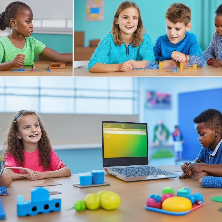 A colorful, clutter-free virtual classroom scene with a diverse group of elementary students engaged in STEM activities on laptops and tablets, surrounded by virtual manipulatives and 3D models.