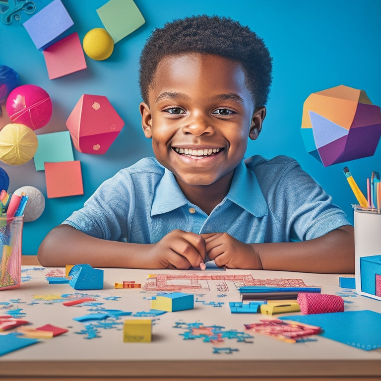 A colorful illustration of a smiling 4th-grade student sitting at a desk, surrounded by pencils, papers, and a few math manipulatives, with a thought bubble containing a mix of math symbols and puzzle pieces.