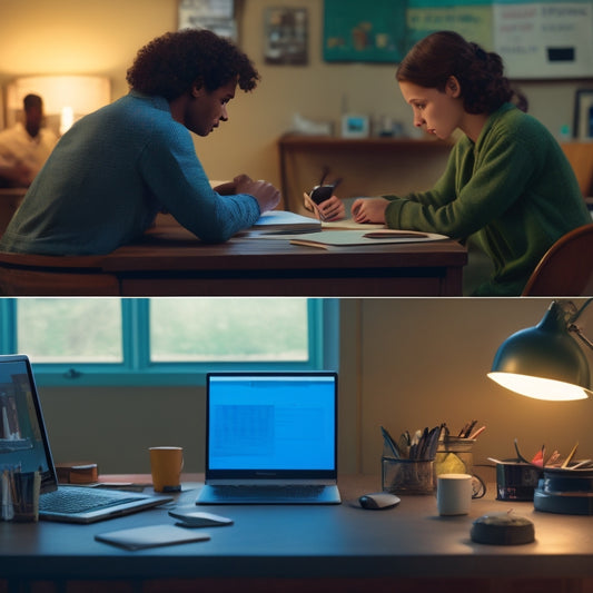 A split-screen image: a cluttered desk with pencils, papers, and a frustrated student on one side, and a clean, minimalist laptop screen with a solved math problem on the other.