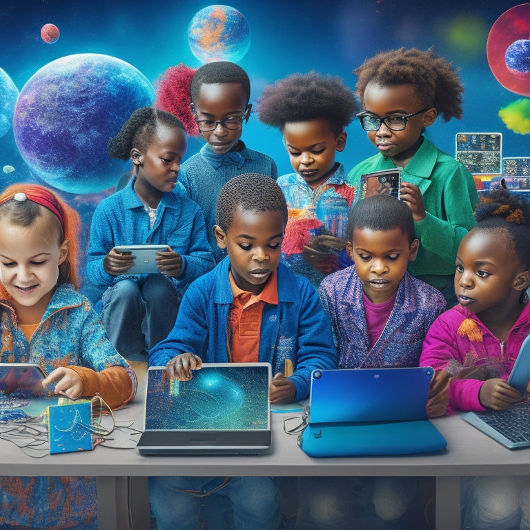 A colorful illustration of diverse children aged 6-12 surrounded by laptops, tablets, and smartphones, with 3D molecules, robots, and planetary orbits floating above, amidst a subtle background of circuit boards and coding symbols.