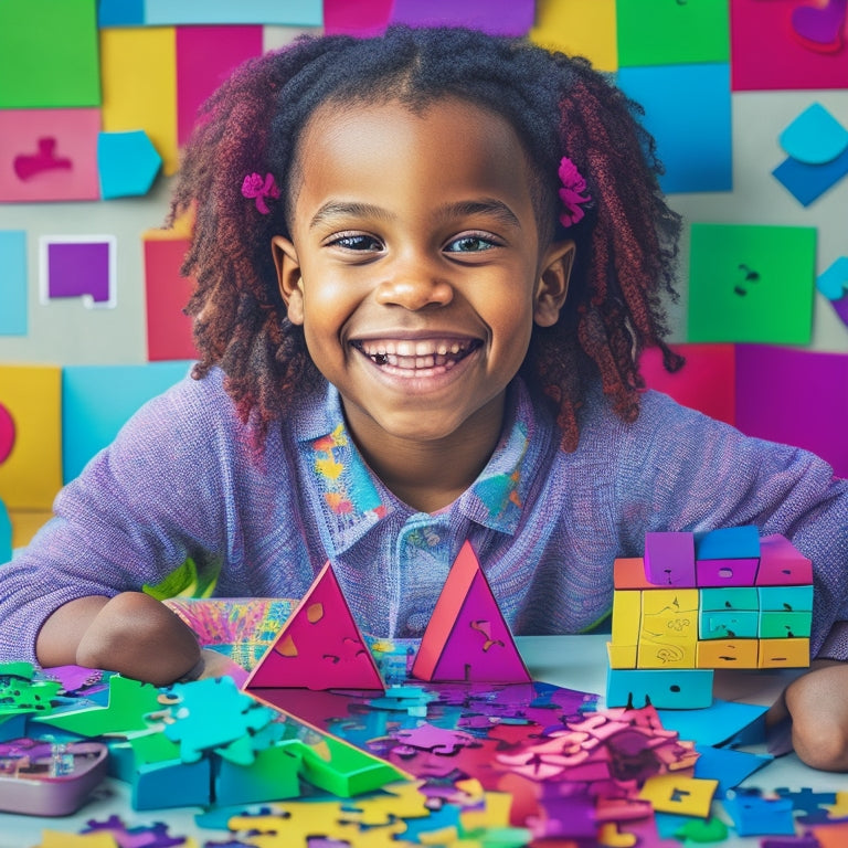 A colorful illustration of a happy 3rd-grade student surrounded by puzzle pieces, geometric shapes, and math symbols, with a subtle background of a chalkboard or a worksheet.