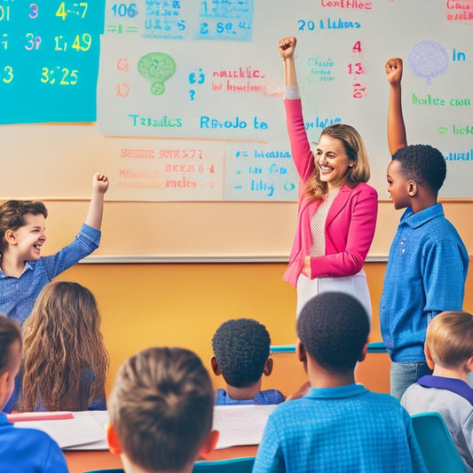 A colorful illustration of a smiling teacher standing in front of a chalkboard filled with solved math problems, surrounded by confident students with raised hands and thought bubbles.