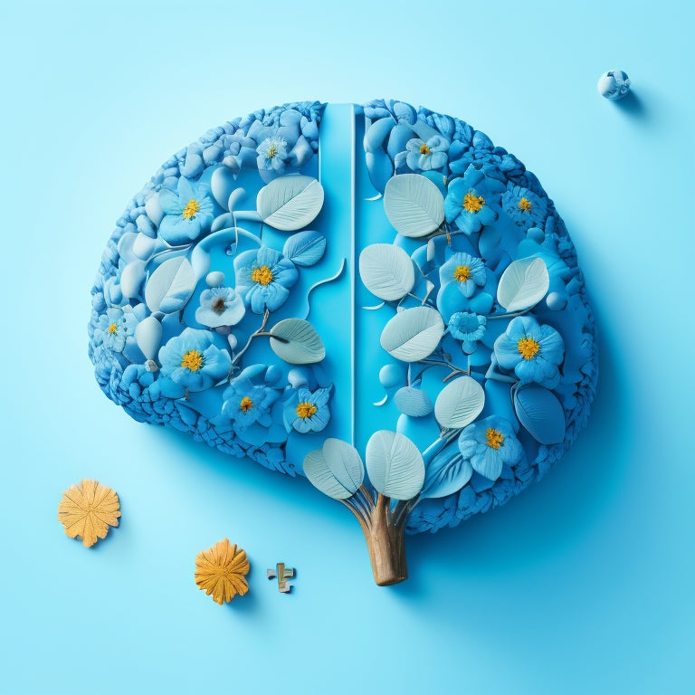 A serene, minimalist illustration featuring a calming blue background, with a gentle, glowing brain at the center, surrounded by scattered, interconnected puzzle pieces and subtle, swirling patterns of leaves and flowers.