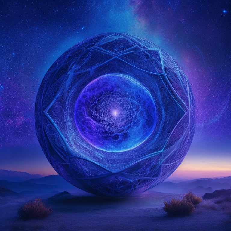 An intricate, swirling vortex of geometric shapes and formulas in shades of blue and purple, surrounded by glowing, ethereal orbs, set against a dark, starry night sky.