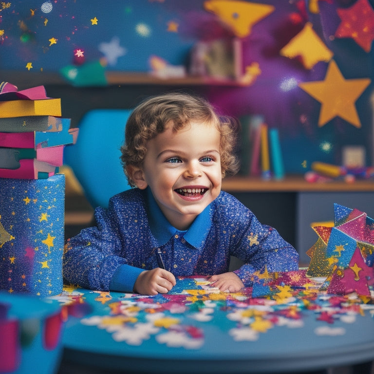 A colorful illustration of a smiling child sitting at a desk, surrounded by scattered puzzle worksheets, pens, and a few solved puzzles with bright, shiny stars and confetti in the background.