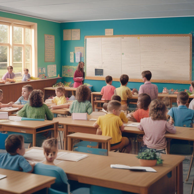 An illustration of a bright, organized classroom with a large, wooden desk at the center, surrounded by eager students, with grammar rules and sentence diagrams displayed on colorful, chalkboard-style boards.