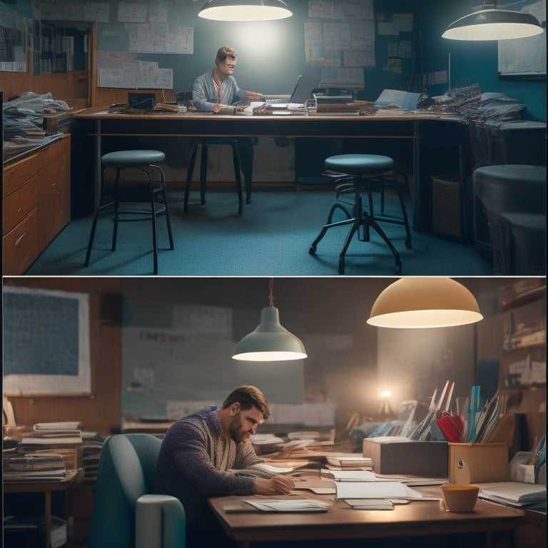 A split-screen illustration featuring a cluttered, dimly lit traditional classroom on one side and a bright, organized digital workspace with laptops, tablets, and a virtual whiteboard on the other.