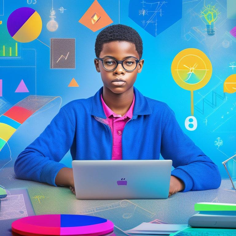 A colorful illustration of an 8th grader surrounded by floating math symbols, equations, and graphs, with a laptop and tablet nearby, amidst a background of subtle calculations and geometric shapes.