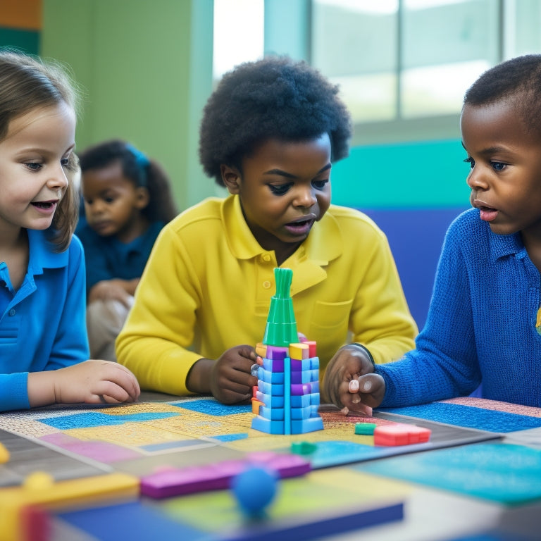 A colorful classroom scene with diverse elementary school students engaged in various math activities: building geometric shapes with blocks, creating number patterns with colored tiles, and playing math-themed board games.