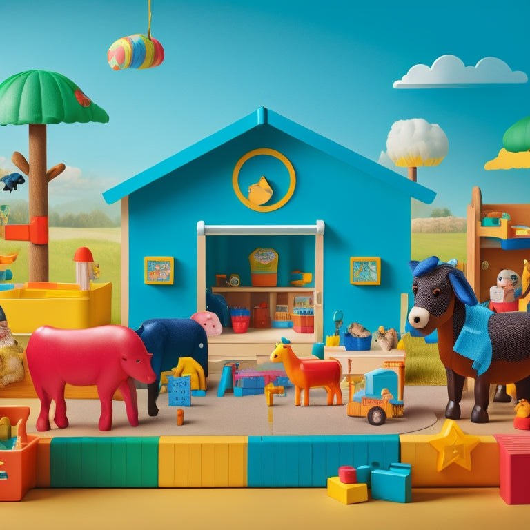 A colorful illustration of a cheerful preschool classroom, filled with farm-themed toys, blocks, and learning tools, featuring happy children playing and interacting with friendly farm animals.