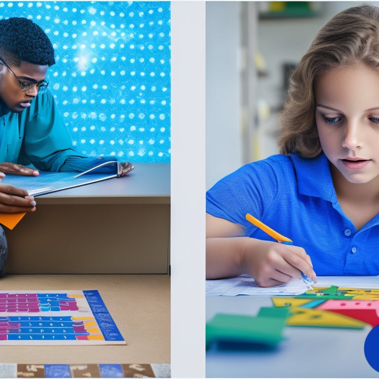 Illustrate a split-screen image: on the left, a student's confused face amidst scattered math worksheets, and on the right, an engaged student interacting with a colorful, 3D geometry puzzle on a tablet.