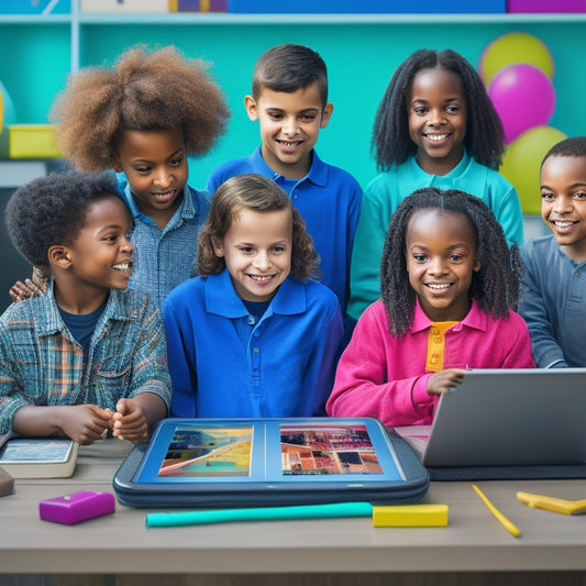 A colorful illustration of five tablets or iPads, each displaying a unique math learning app, surrounded by happy, diverse kids of different ages and abilities, engaged and interacting with the devices.