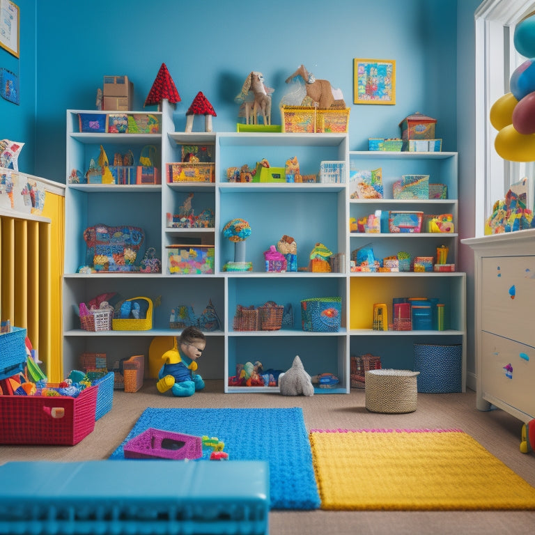 A colorful, cluttered playroom with toys and blocks scattered everywhere, transforming into a tidy space with labeled bins and shelves as a happy, focused child plays in the background.