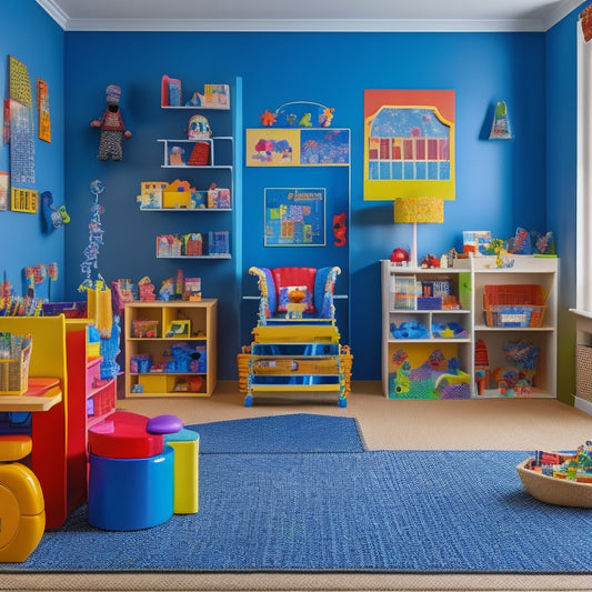 A colorful, clutter-free playroom with diverse toys and materials, including blocks, dolls, puzzles, and art supplies, arranged to encourage collaboration, empathy, and self-expression among children of varying abilities and ages.