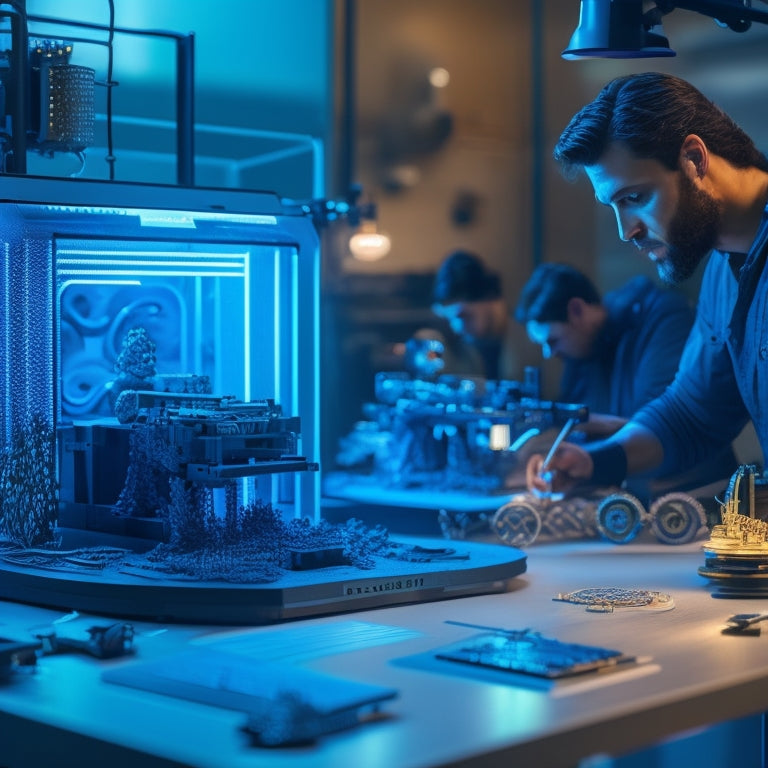 A futuristic workshop scene with a 3D printer at the center, surrounded by intricate printed models, gears, and tools, with a subtle glow of LED lights and a blurred background of coding screens.