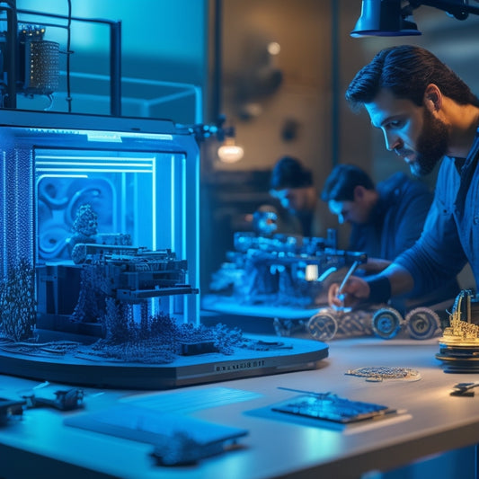 A futuristic workshop scene with a 3D printer at the center, surrounded by intricate printed models, gears, and tools, with a subtle glow of LED lights and a blurred background of coding screens.