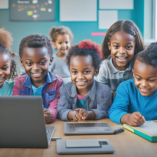 A colorful illustration of a diverse group of happy children (ages 6-12) surrounded by laptops, tablets, and interactive whiteboards, engaged in collaborative learning activities in a modern, well-lit classroom setting.