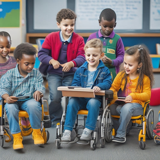 A joyful, diverse group of children with disabilities (wheelchairs, walkers, glasses, etc.) engage with tablets and laptops, surrounded by colorful educational icons, puzzles, and games, in a bright, inclusive classroom setting.