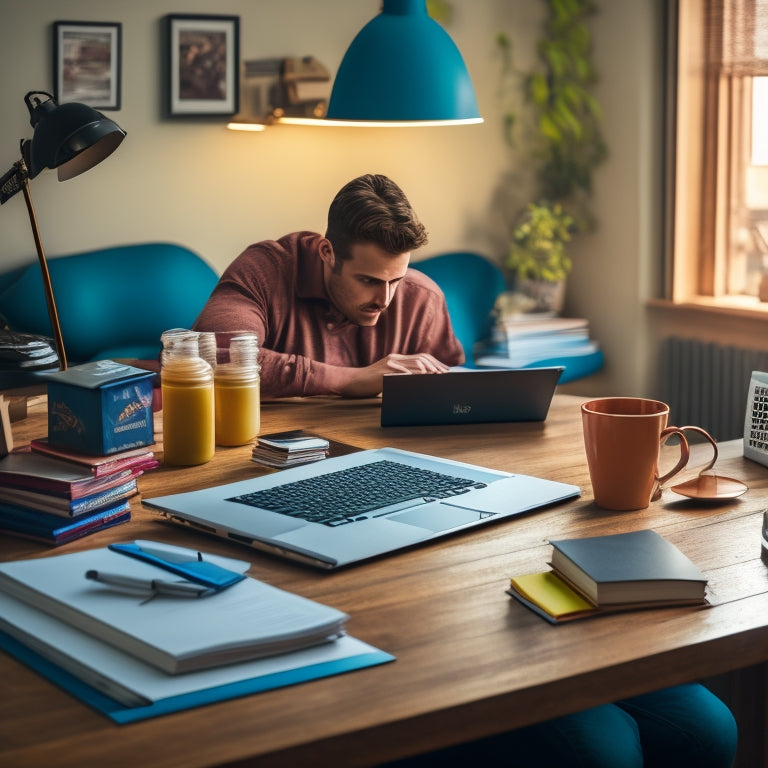 A cluttered desk with a laptop open to an online learning platform, surrounded by textbooks, notebooks, and scattered papers, with a calm and focused student sitting in front of it.