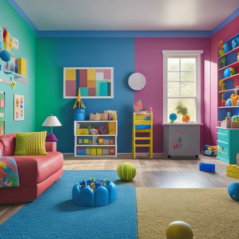 A colorful, clutter-free playroom with 7 distinct stations, each featuring a different educational toy, such as building blocks, sensory balls, and a puzzle, surrounded by calm, natural light.