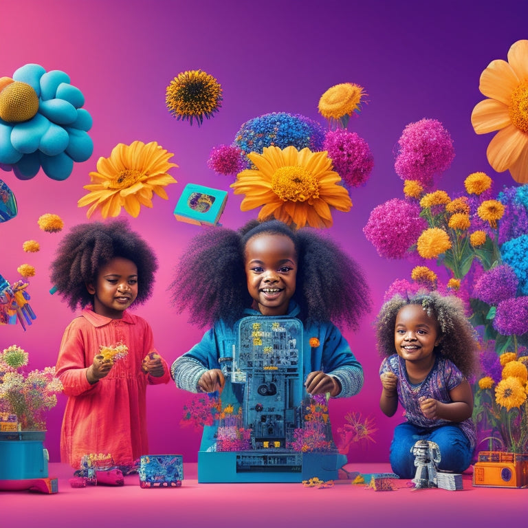 A colorful illustration of happy children surrounded by futuristic gadgets, robots, and coding blocks, amidst blooming flowers and brain-shaped sparks, symbolizing cognitive growth and innovation.