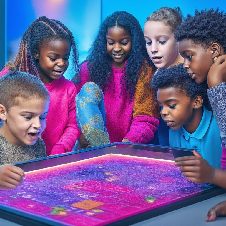 A colorful illustration of a diverse group of students aged 8-12, gathered around a large, interactive touchscreen display, engaged in a math-based puzzle game, with excited expressions and collaborative body language.