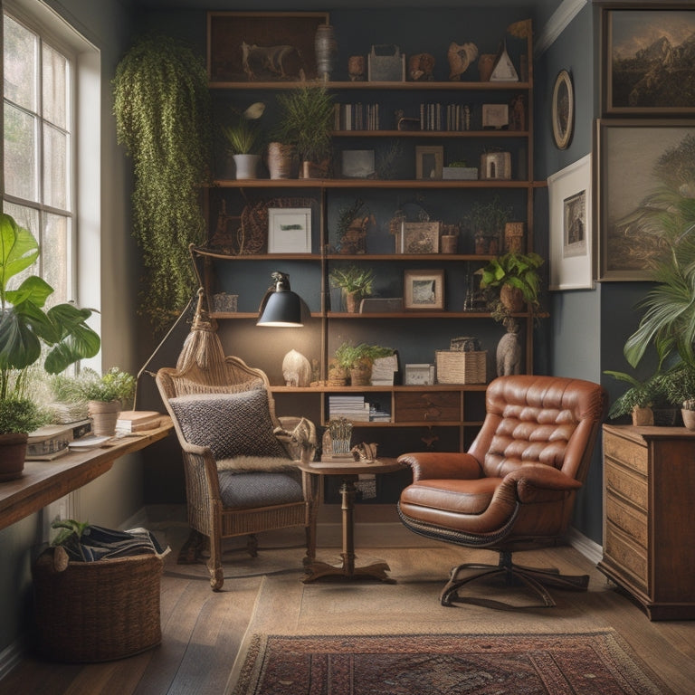 A cozy, well-lit room with a wooden desk, ergonomic chair, and a comfortable reading nook, surrounded by shelves filled with books, plants, and a few framed motivational quotes on the walls.