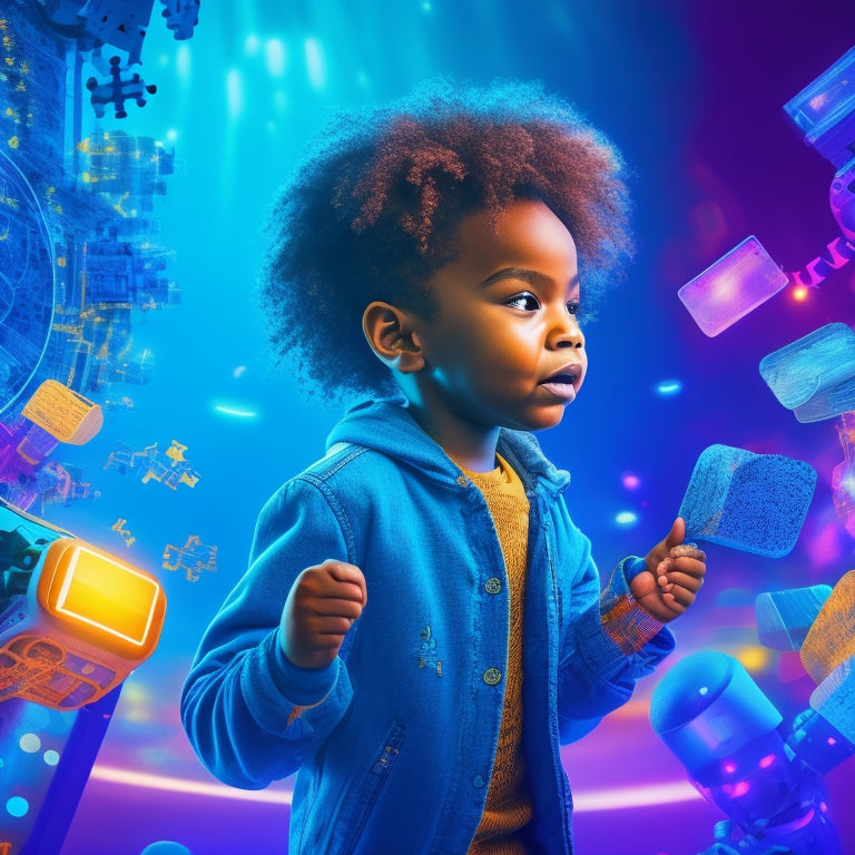 A vibrant illustration of a child surrounded by glowing, swirling digital pathways, with puzzle pieces, robots, and coding symbols floating around, set against a bright, gradient blue background.