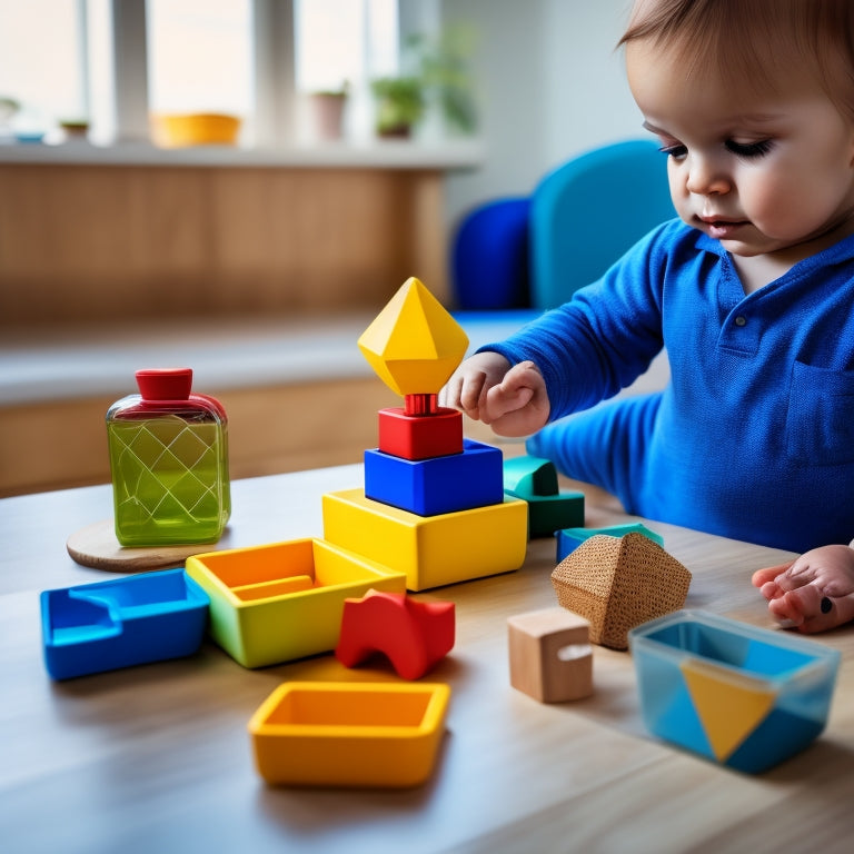A colorful, clutter-free table setting with a toddler's hands holding a wooden shape sorter, surrounded by a few open containers filled with various shapes, blocks, and a mirror, amidst a subtle, blurred background.