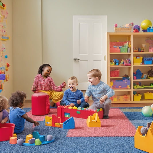 A colorful, clutter-free playroom with blocks, shape sorters, and counting toys scattered around a happy, diverse group of preschoolers engaged in math-based play, surrounded by encouraging smiley faces on the walls.