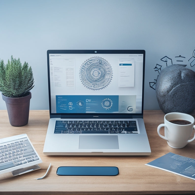 A minimalist illustration of a laptop on a desk with a subtle background of subtle brain waves, surrounded by scattered icons of various skills like gears, graphs, and coding symbols.