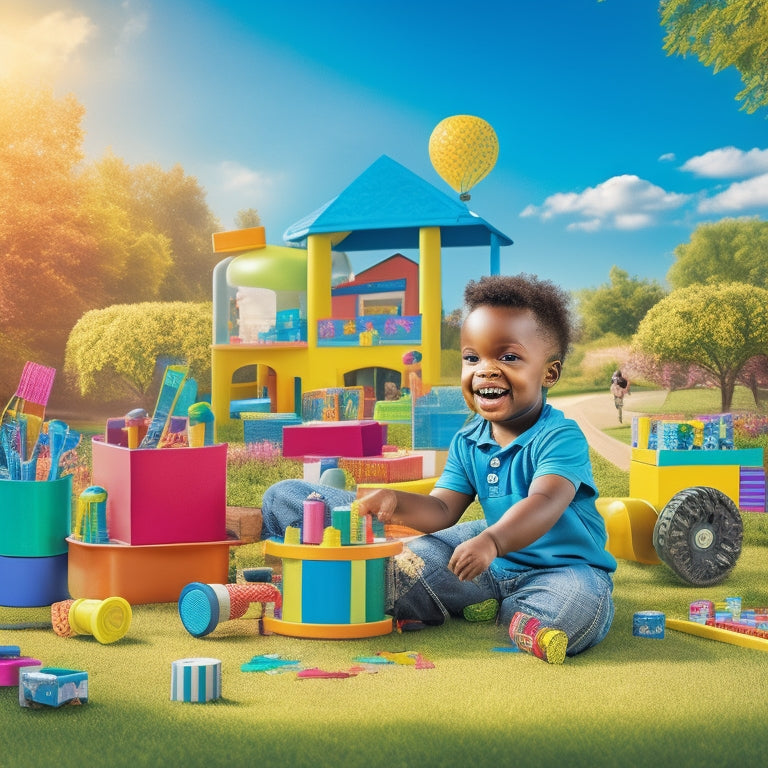 A bright and colorful illustration of a happy 5-year-old surrounded by engaging educational toys and materials, including building blocks, puzzles, paints, and a microscope, with a subtle background of a sunny park.