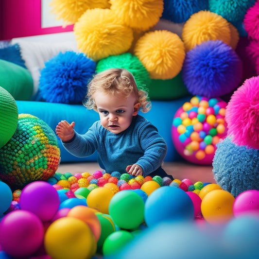 A whimsical, vibrant scene featuring a toddler surrounded by DIY sensory materials: colorful pompoms, shiny mirrors, iridescent fabrics, and a mini ball pit filled with rainbow-hued balls, amidst a backdrop of natural light and wooden textures.