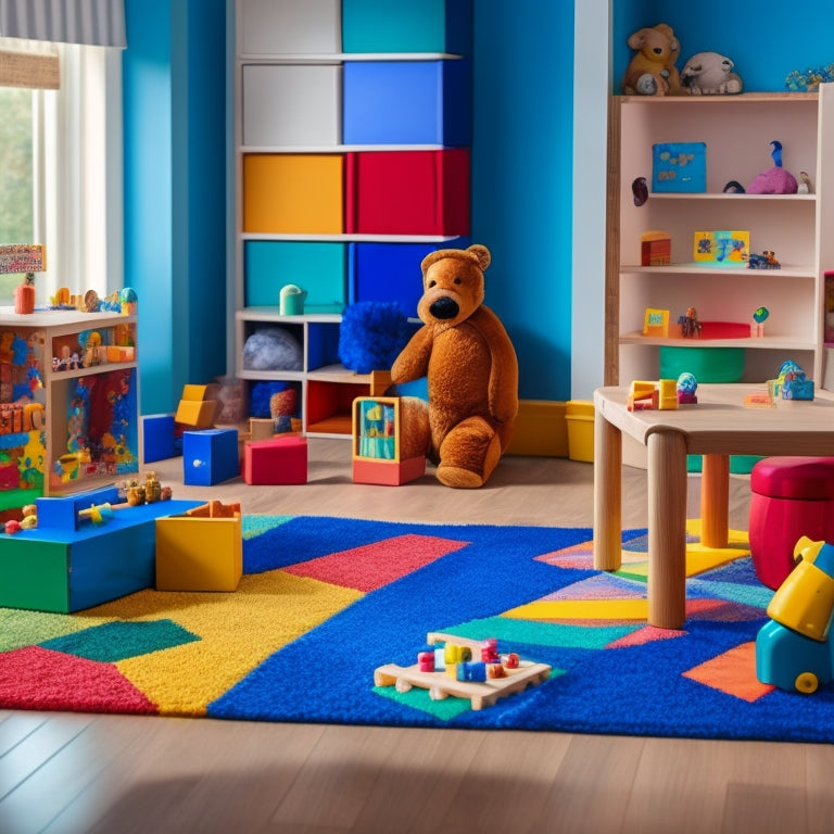 A colorful, clutter-free playroom with a mix of wooden blocks, shape sorters, counting bears, and abacuses, surrounded by curious toddlers engaged in math-based play, with a subtle background of number lines and geometric patterns.