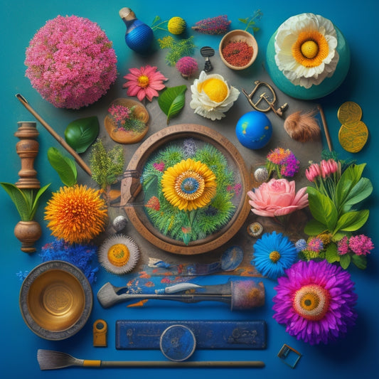 An illustration of a blooming garden with diverse flowers, each representing a unique course, surrounded by various tools and icons such as laptops, paintbrushes, and globes, symbolizing skill cultivation.