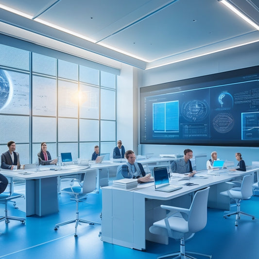 A futuristic, minimalist classroom with sleek tablets and laptops on modern desks, surrounded by subtle, glowing math equations and 3D graphs projected onto the walls and floor.