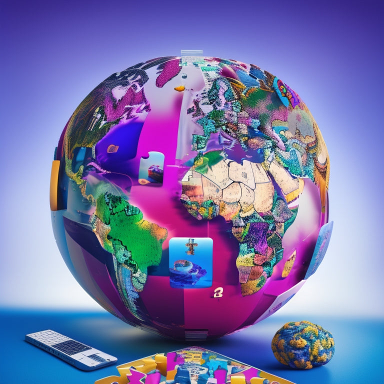 A colorful illustration of a puzzle pieces-filled globe surrounded by diverse digital devices, each displaying a different problem-solving activity, such as coding, brain teasers, and logic games.