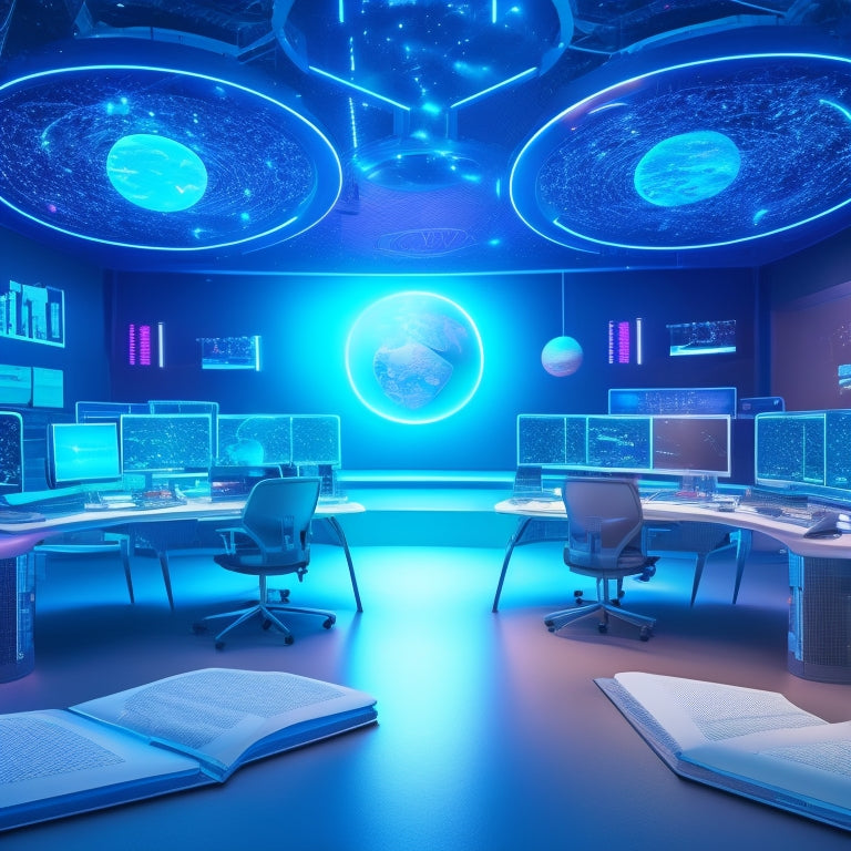 An illustration of a futuristic classroom with holographic 3D models of DNA, planets, and atoms floating above students' desks, surrounded by VR headsets, laptops, and tablets, with subtle glow effects and futuristic lighting.