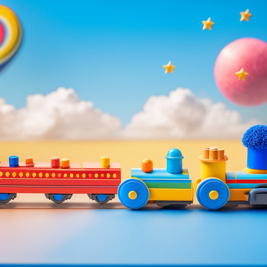 A vibrant, wooden toy train with colorful cars and a quasar-inspired locomotive, surrounded by educational blocks, stars, and planets, set against a bright blue background with fluffy white clouds.