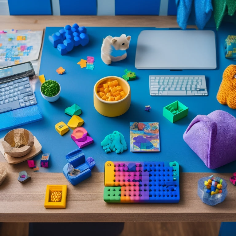 A colorful, clutter-free workspace with a laptop, tablet, and various math manipulatives, such as blocks, counting bears, and geometric shapes, surrounded by happy, engaged homeschooling children of different ages.