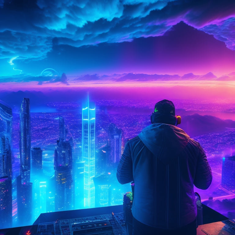 A futuristic, neon-lit cityscape with sleek skyscrapers, surrounded by swirling clouds of pixels and glowing circuitry, as a gamer's avatar bursts forth from a giant screen.