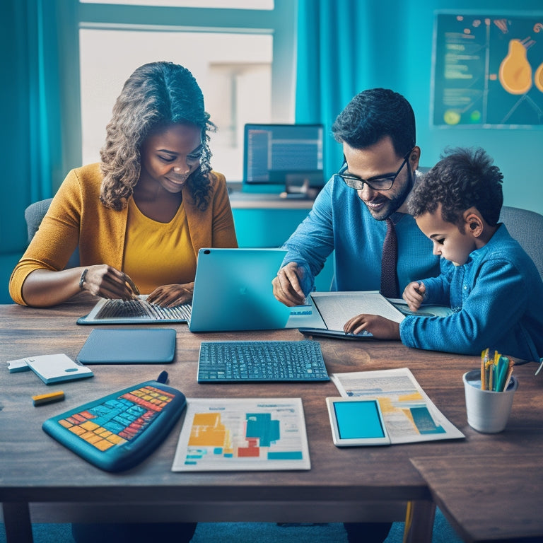 An illustration of a parent and child sitting at a desk, surrounded by laptops and tablets, with a subtle background of math-related icons, such as numbers, shapes, and graphs, in a warm and inviting color scheme.