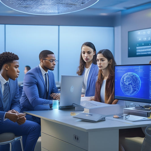 A futuristic, high-tech virtual classroom with holographic math equations floating around a diverse group of students, surrounded by sleek computers and innovative gadgets, conveying a sense of advanced learning.