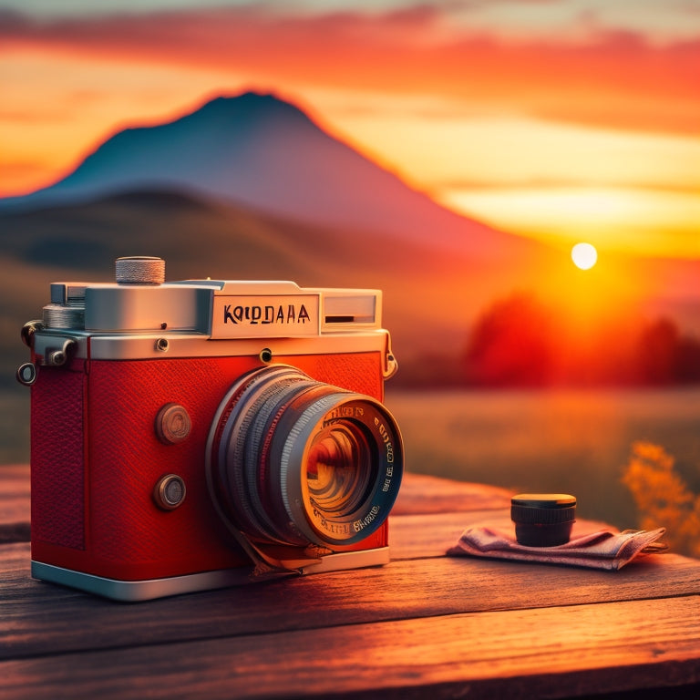 A retro-style film camera, with a roll of Kodachrome film spilling out, surrounded by nostalgic Polaroid photos, vintage cameras, and a subtle backdrop of a sunset landscape with a faded Kodak logo.