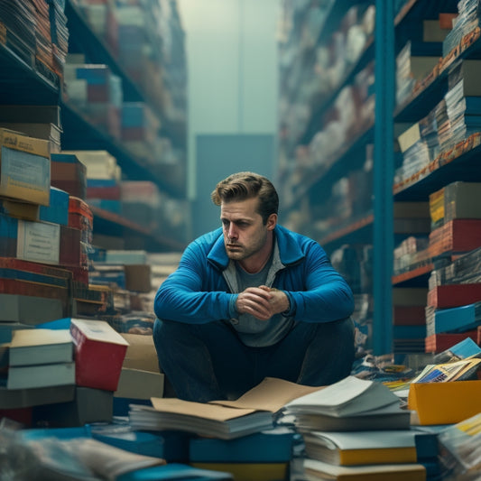 An illustration of a person surrounded by stacks of unread books, with a worried expression, amidst a backdrop of shipping containers, paused conveyor belts, and scattered papers, conveying chaos and disruption.