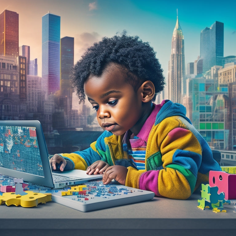 A colorful illustration of a curious young child (ages 6-10) sitting in front of a laptop, surrounded by scattered puzzle pieces, blocks, and brain teasers, with a subtle cityscape or futuristic background.